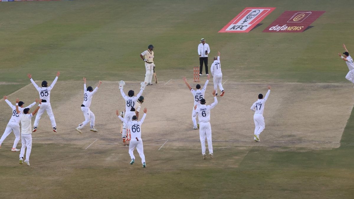 England celebrate the final wicket at Rawalpindi in their 2022 Test win against Pakistan, a forerunner to victories by England in Multan in 2024 and India in Kanpur