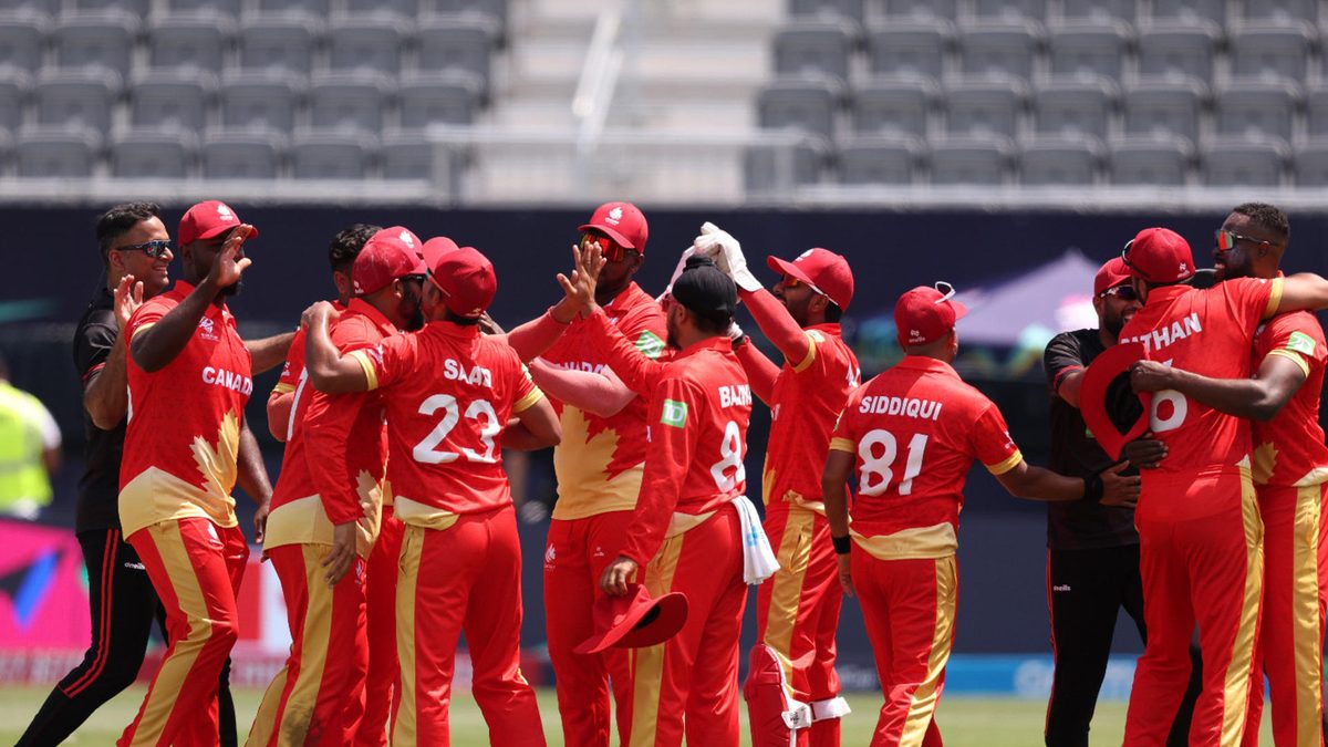 Canada players celebrate after the team's victory during the ICC Men's T20 Cricket World Cup West Indies & USA 2024 match between Canada and Ireland at Nassau County International Cricket Stadium on June 07, 2024 in New York, New York