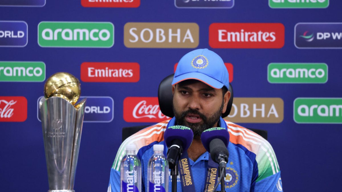 Rohit Sharma of India speaks to the media after winning the ICC Champions Trophy 2025 Final between India and New Zealand at Dubai International Stadium on March 09, 2025 in Dubai, United Arab Emirates