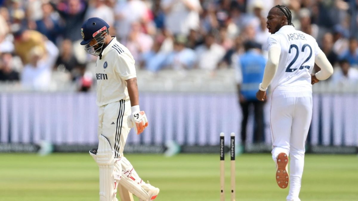 Jofra Archer gives Rishabh Pant a spray following his dismissal on the final morning at Lord's