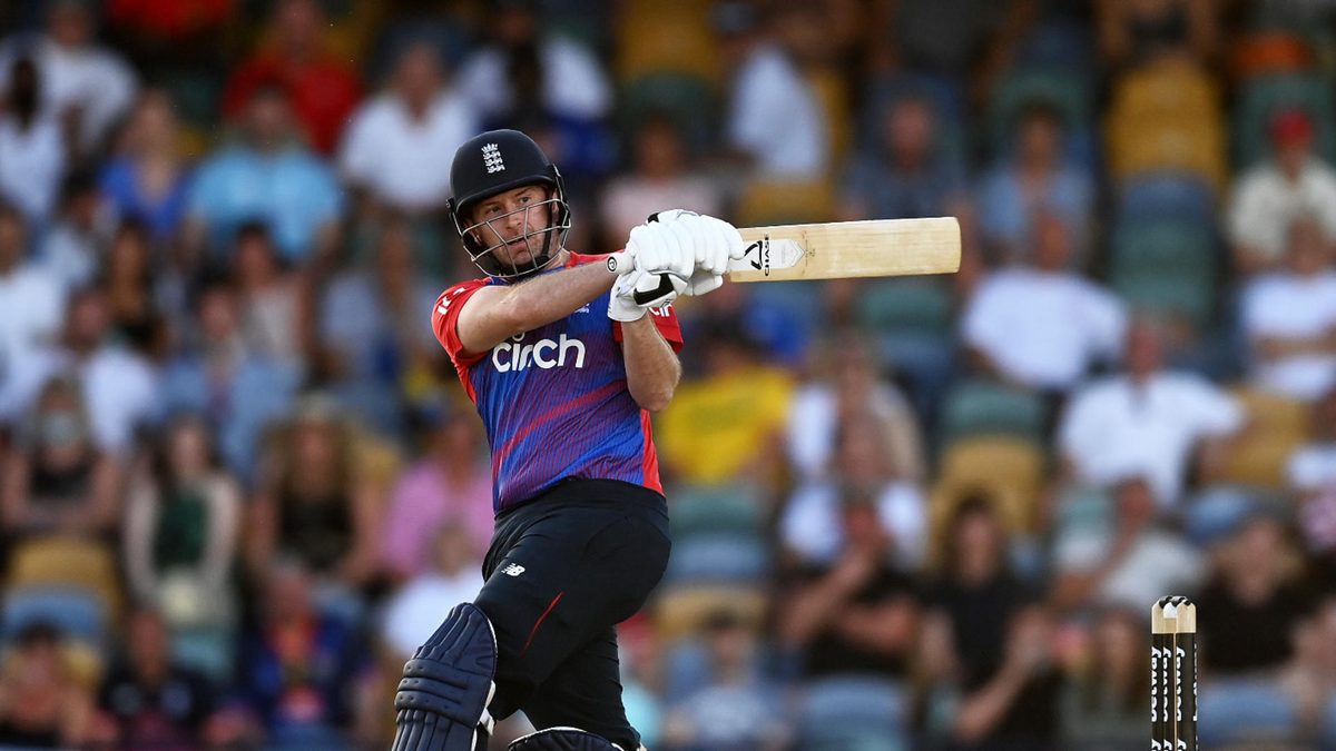 Liam Dawson of England plays a shot during the T20 International Series Second T20I match between West Indies and England at Kensington Oval on January 23, 2022 in Bridgetown, Barbados
