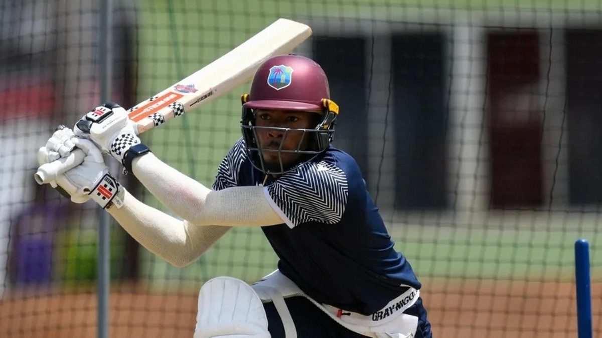 Alick Athanaze bats in the nets for West Indies