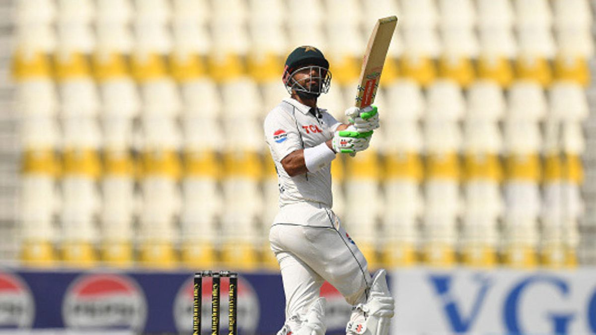 Pakistan captain Shan Masood hits a six during the first day of the first Test between Pakistan and England in Multan