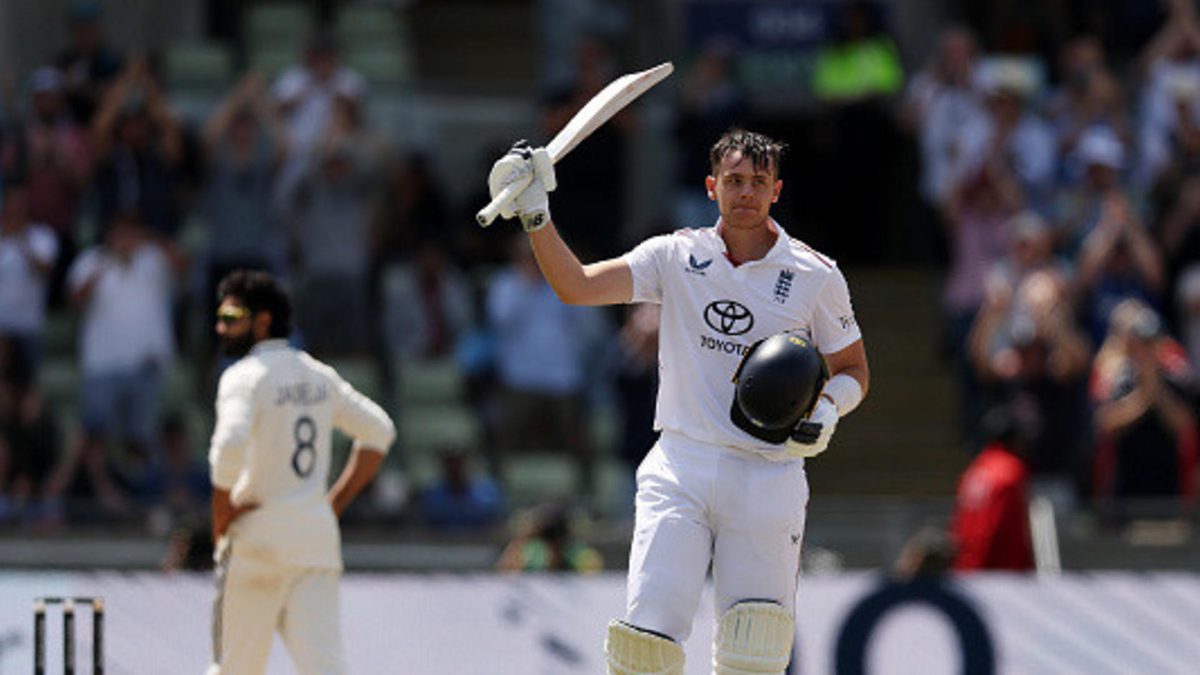 Jamie Smith of England celebrates reaching his century during Day Three of the 2nd Rothesay Test Match at Edgbaston on July 04, 2025 in Birmingham, England