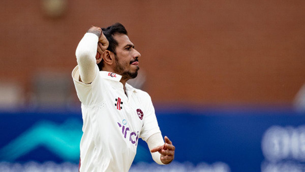 Yuzvendra Chahal of Northamptonshire in delivery stride during Day One of the Rothesay County Championship division two match between Northamptonshire and Derbyshire at The County Ground on July 29, 2025 in Northampton, England