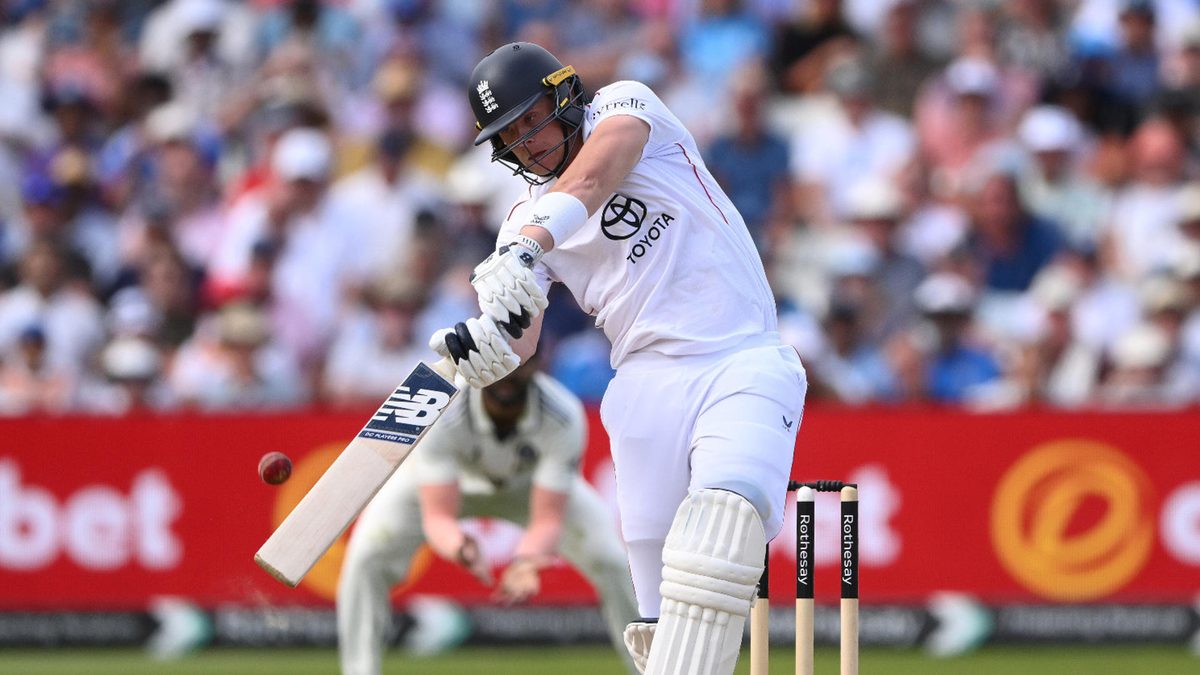England batsman Jamie Smith hits out for six runs during day three of the Second Test Match between England and India at Edgbaston on July 04, 2025 in Birmingham, England