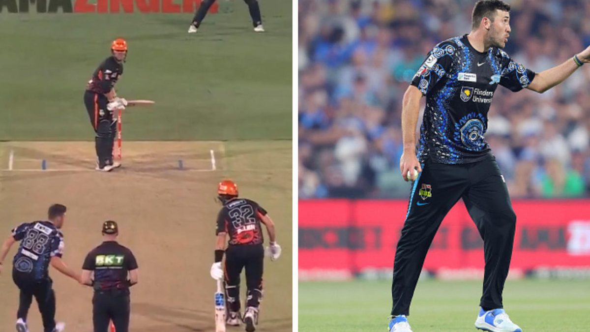 Jamie Overton of the Strikers reacts to Finn Allen of the Scorchers during the BBL match between Adelaide Strikers and Perth Scorchers at Adelaide Oval, on December 31, 2024, in Adelaide, Australia