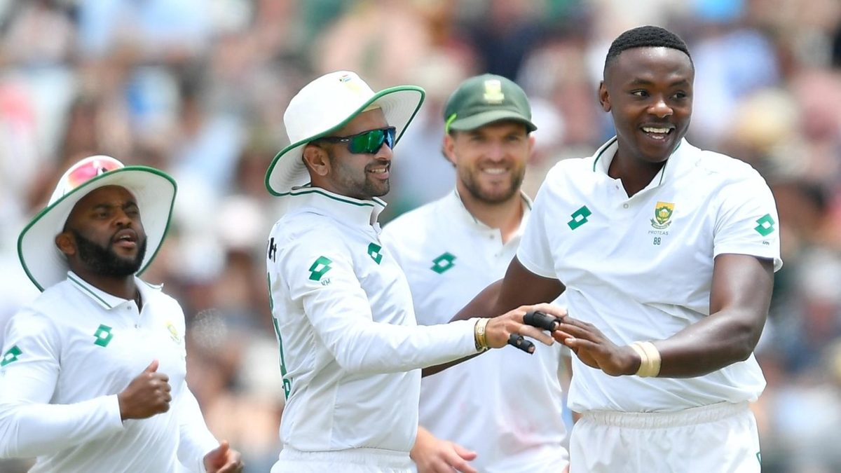 Kagiso Rabada celebrates with teammates after taking a wicked in South Africa's win over Pakistan