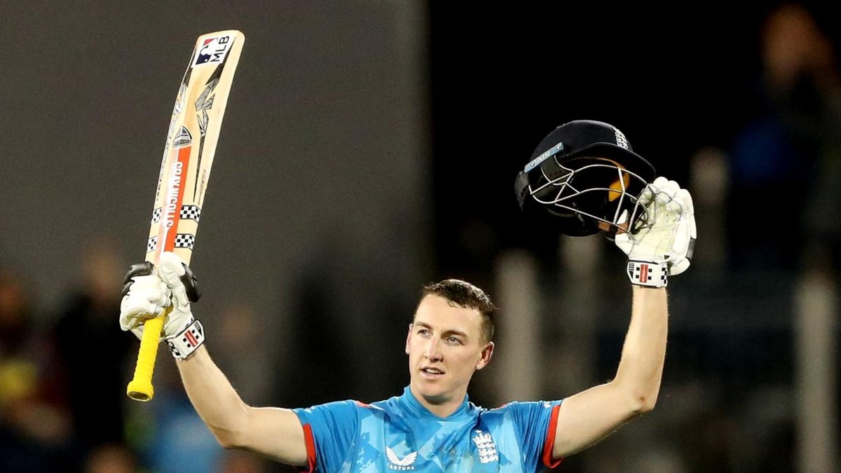 Harry Brook raises his bat after reaching his hundred in the third ODI against Australia at Durham