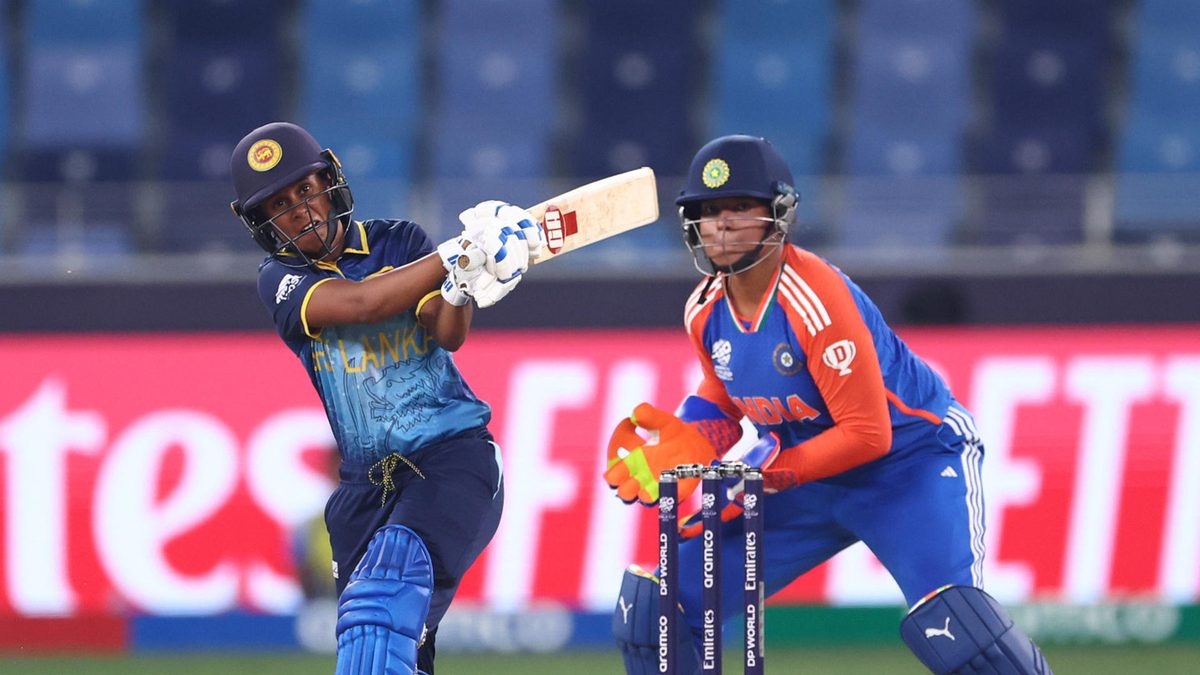 Nilakshika Silva of Sri Lanka bats during the ICC Women's T20 World Cup 2024 match between India and Sri Lanka at Dubai International Stadium on October 09, 2024 in Dubai, United Arab Emirates