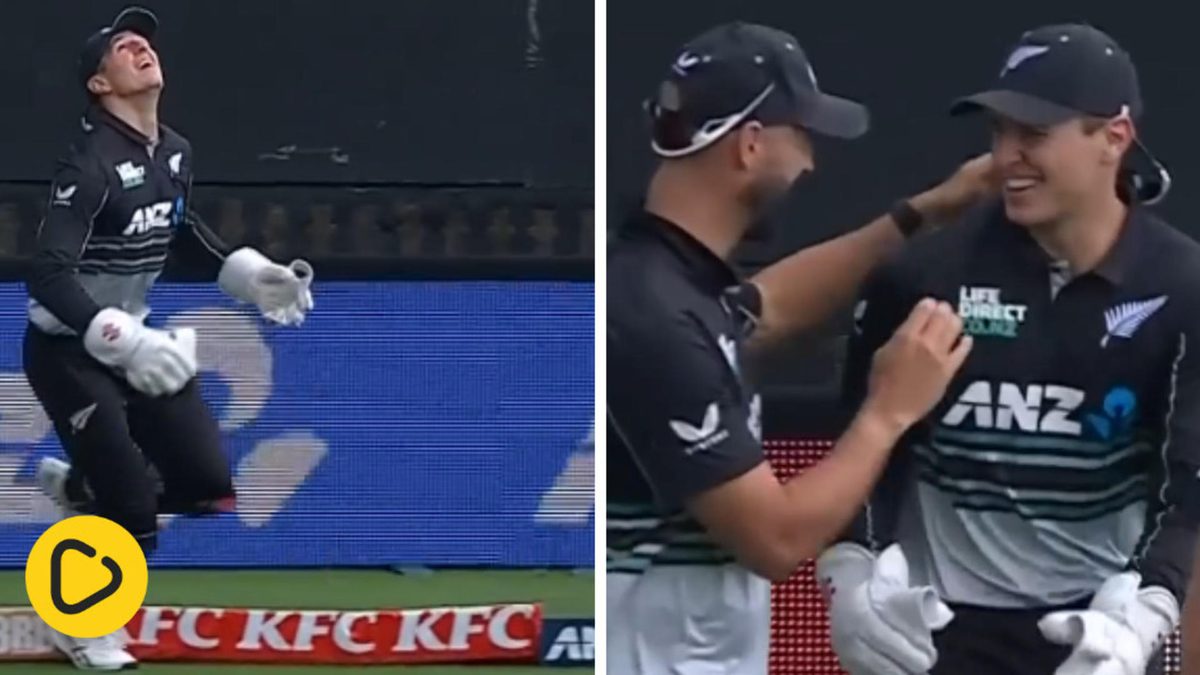 Mitchell Hay takes an outstanding catch to dismiss Pathum Nissanka during the third T20I between New Zealand and Sri Lanka at Nelson