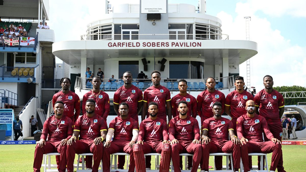 The West Indies team ahead of the 3rd One Day International between the West Indies and England at Kensington Oval on November 06, 2024 in Bridgetown, Barbados