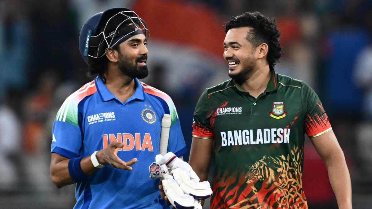 India's KL Rahul (L) speaks with Bangladesh's Taskin Ahmed at the end of the ICC Champions Trophy one-day international (ODI) cricket match between Bangladesh and India at the Dubai International Stadium in Dubai on February 20, 2025