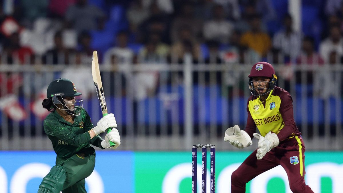 Nigar Sultana of Bangladesh hits a boundary during the ICC Women's T20 World Cup 2024 match between Bangladesh and West Indies at Sharjah Cricket Stadium on October 10, 2024 in Sharjah, United Arab Emirates