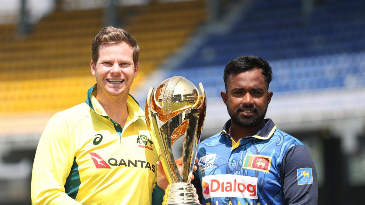 Steve Smith of Australia and Charith Asalanka of Sri Lanka pose ahead of an Australia ODI squad training session at R. Premadasa Stadium on February 11, 2025 in Colombo, Sri Lanka
