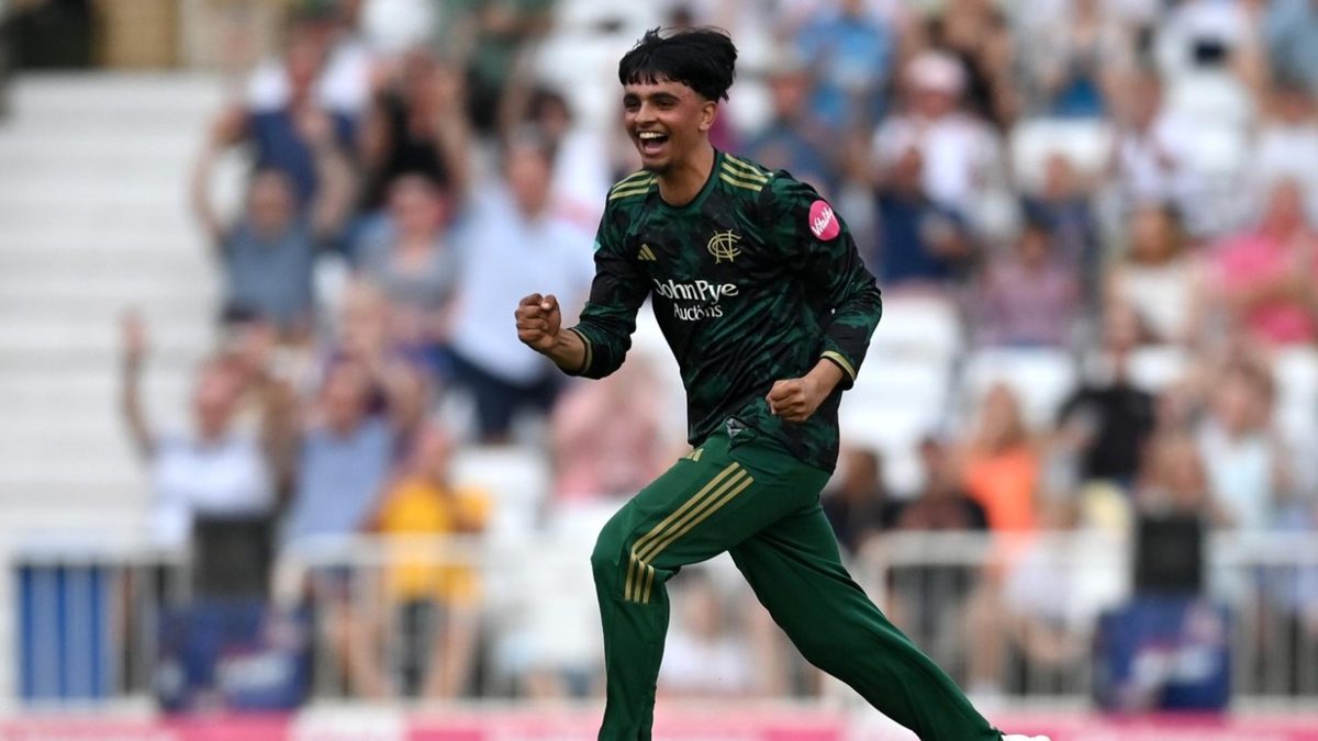 Farhan Ahmed celebrates taking a wicket in the T20 Blast for Nottinghamshire