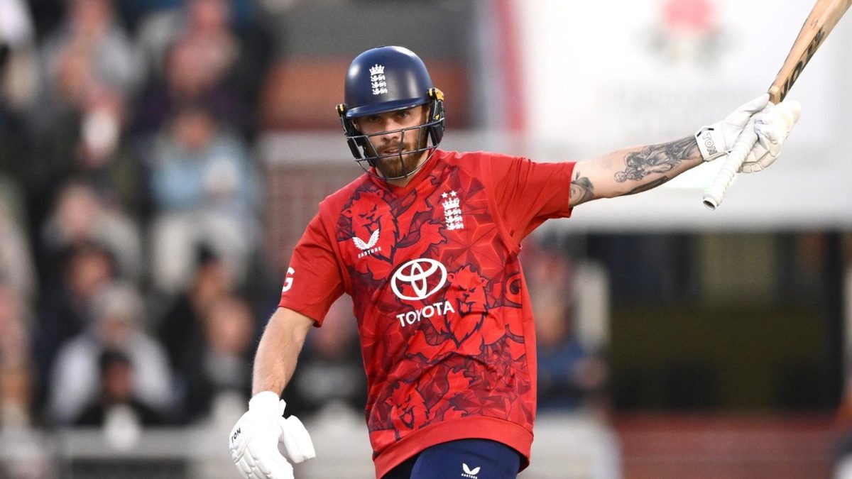 Phil Salt celebrates during his hundred at Old Trafford