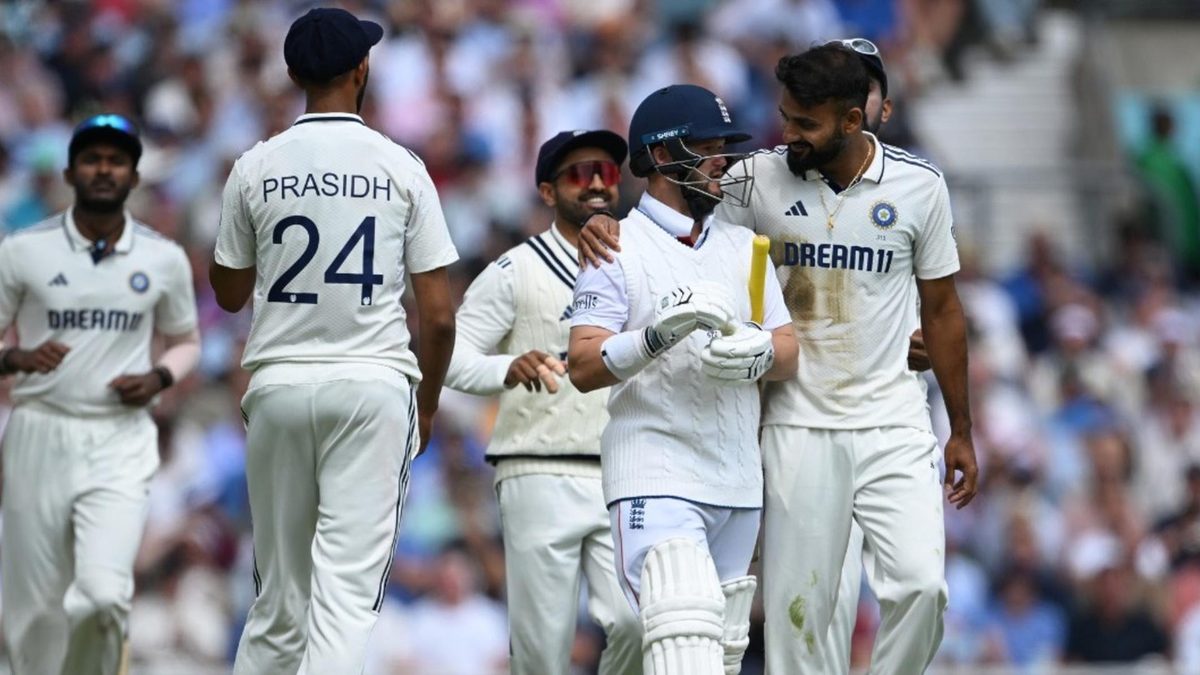 Akash Deep put his arms around Ben Duckett’s shoulder after dismissing him for 43 of 38 during the fifth Test, and could be sanctioned for his send-off.