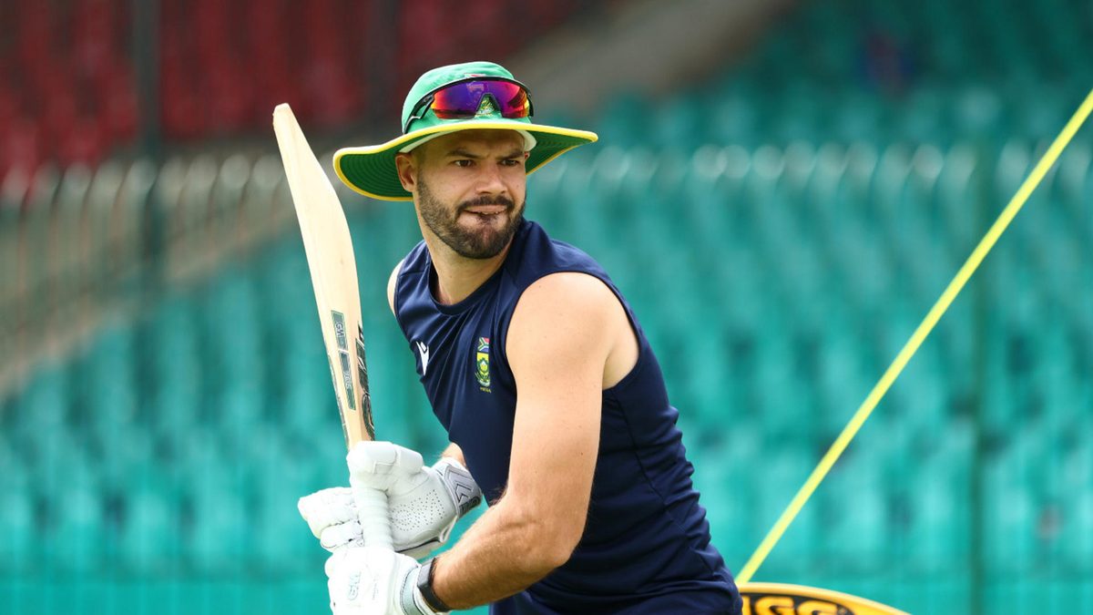 Aiden Markram of South Africa warms up ahead of the ICC Champions Trophy 2025 match between Afghanistan and South Africa at National Stadium on February 21, 2025 in Karachi, Pakistan