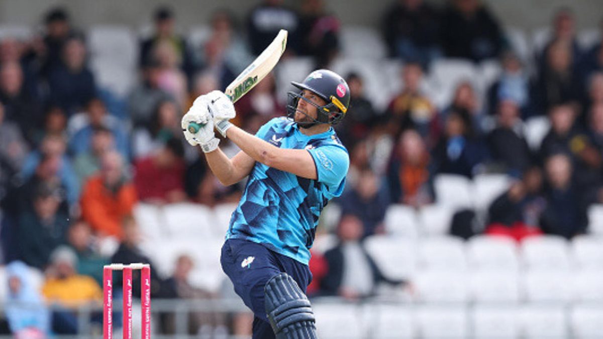 Dawid Malan of Yorkshire hits six runs during the Vitality Blast Men's T20 match between Yorkshire and Leicestershire Foxes at Headingley on June 08, 2025 in Leeds, England