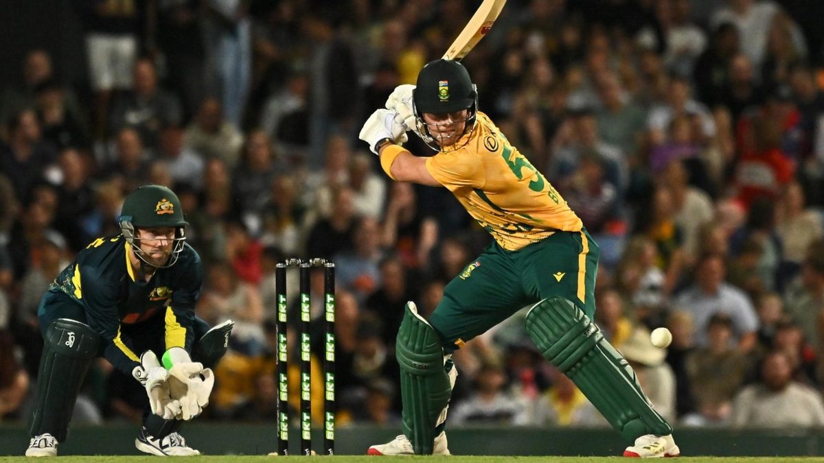 Dewald Brevis plays a shot during the Australia v South Africa white ball series