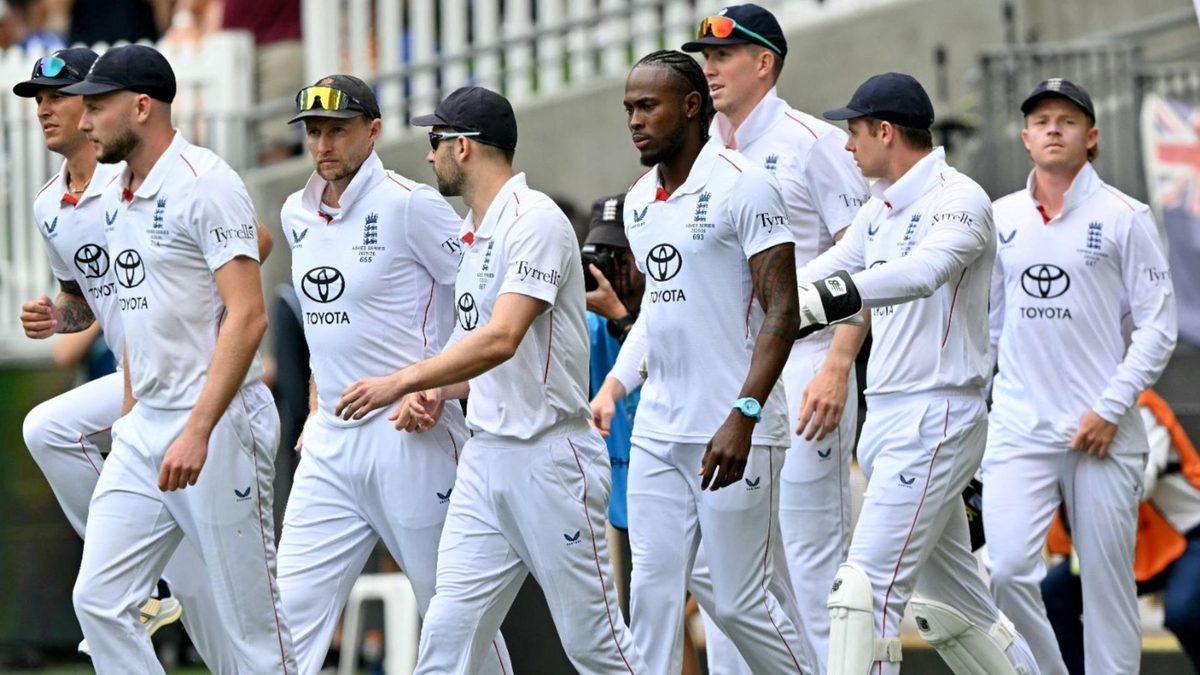 England team walk out onto the field in the first 2025 Ashes Test