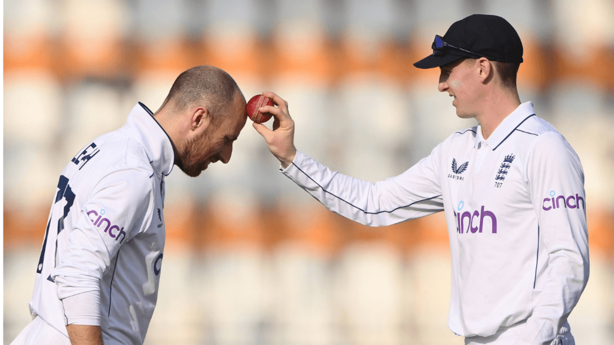 Harry Brook shines the ball with Jack Leach's forehead.