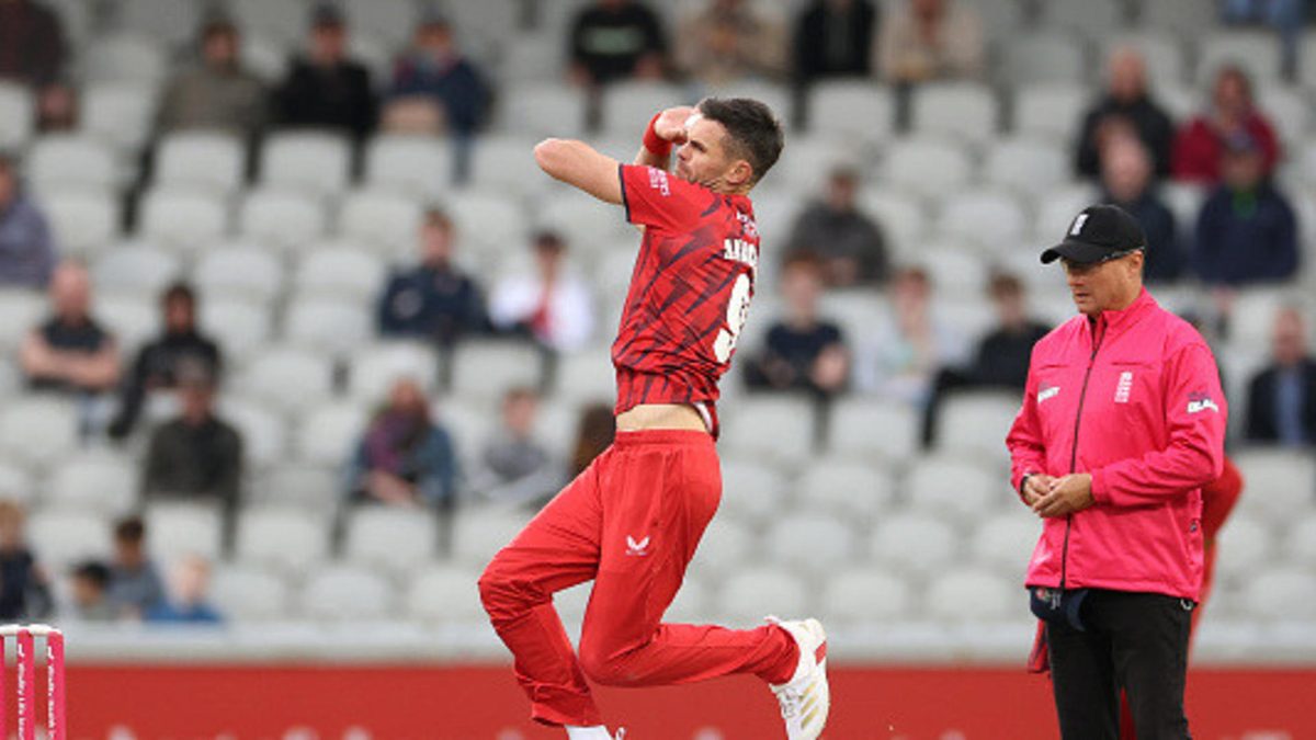 ames Anderson of Lancashire Lightning bowls during the Vitality Blast Men match between Lancashire Lightning and Leicestershire Foxes at Emirates Old Trafford on June 04, 2025 in Manchester, England