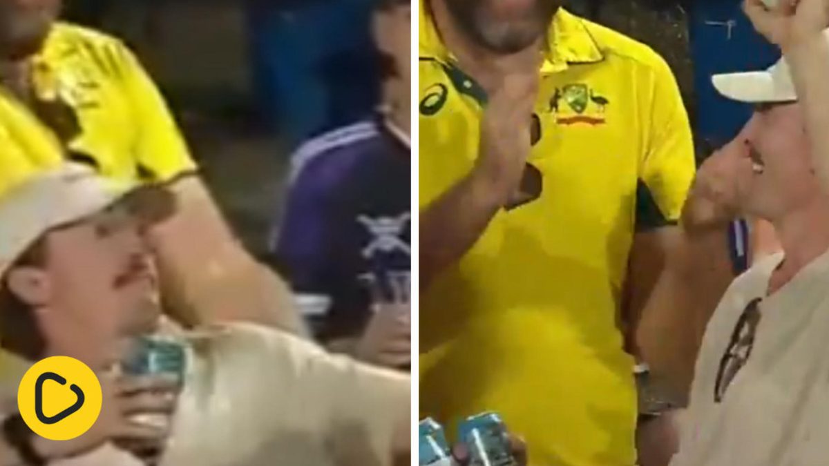 A front-row spectator at Darwin’s TIO Stadium stole the show during Sunday’s (August 10) Australia-South Africa T20I, snagging a one-handed screamer off Tim David’s six – all while clutching two beer cans in his other hand