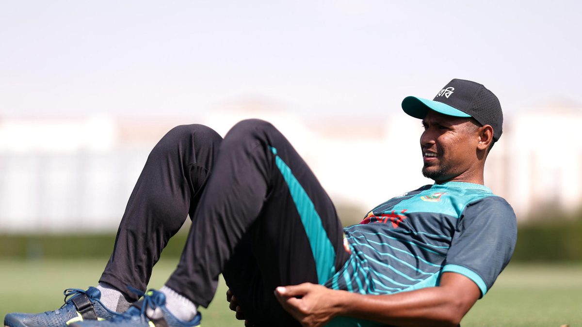 Mustafizur Rahman of Bangladesh warms up during a Bangladesh Nets Session at ICC Academy on February 15, 2025 in Dubai, United Arab Emirates