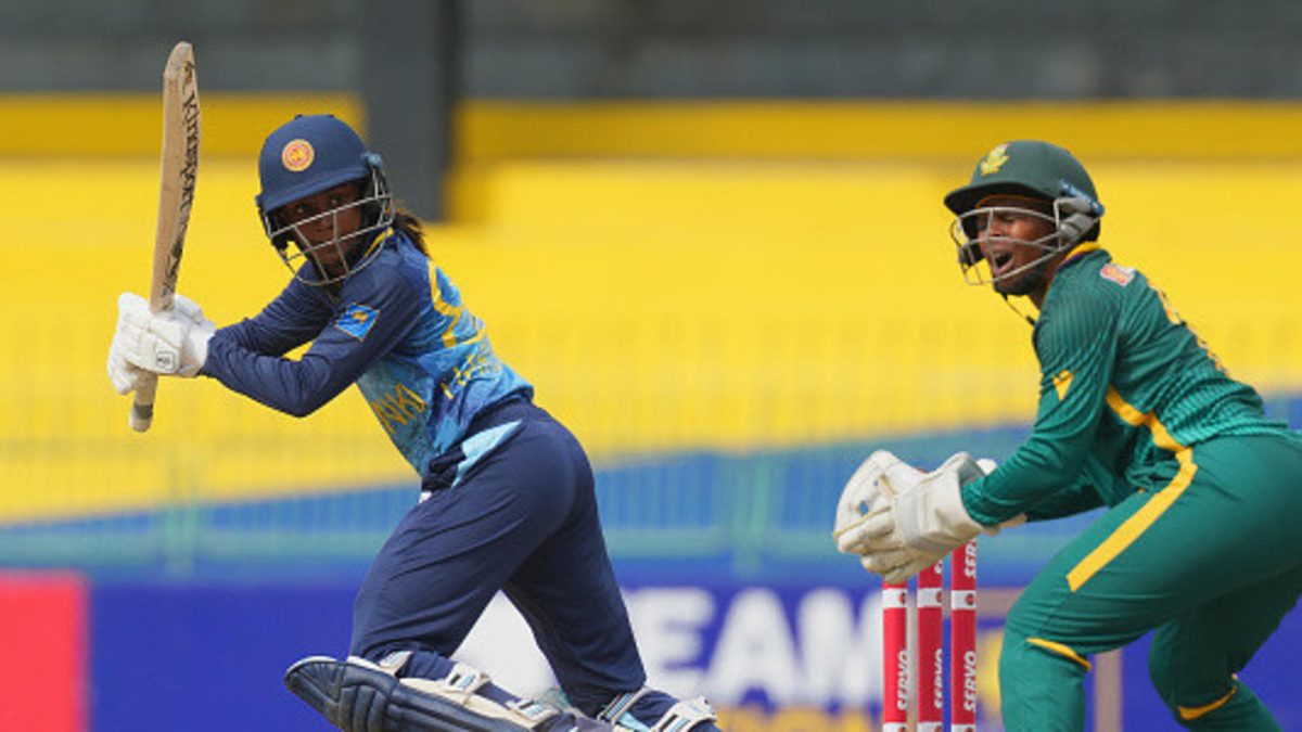 Harshitha Samarawickrama of Sri Lanka playing a shot during game three of the Women's Tri Nation ODI Series between Sri Lanka and South Africa at R. Premadasa Stadium on May 02, 2025 in Colombo, Sri Lanka