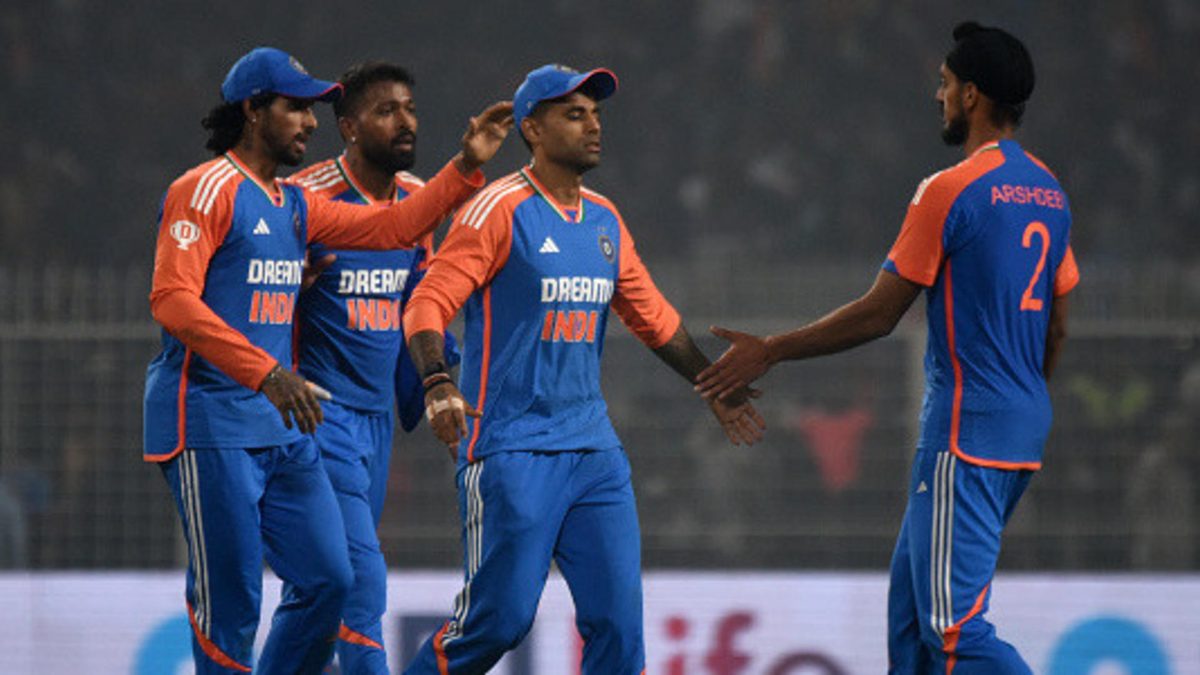 ndia captain Suryakumar Yadav is with Arshdeep Singh and others during the T20 International match between India and England at Eden Gardens in Kolkata, India, on January 22, 2025