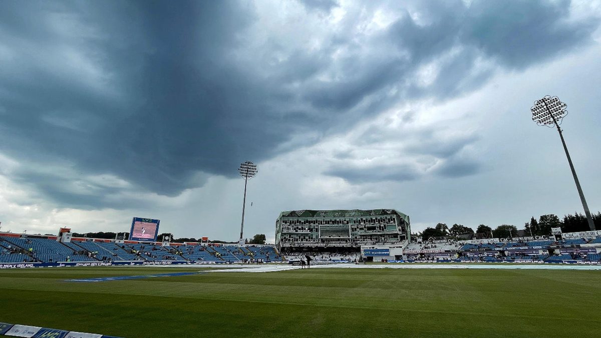A general view of the inside of the stadium as rain covers are seen on the pitch prior to Day Three of the LV= Insurance Ashes 3rd Test Match between England and Australia at Headingley on July 08, 2023 in Leeds, England