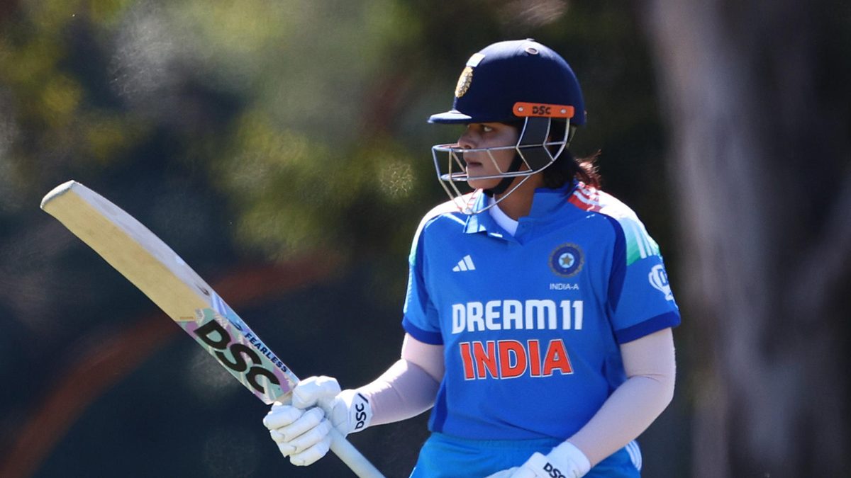 Shafali Verma of Inia A celebrates 50 runs during game three of the Women's ODI series between Australia A and India A at Northern Suburbs District Cricket Club on August 17, 2025 in Brisbane, Australia