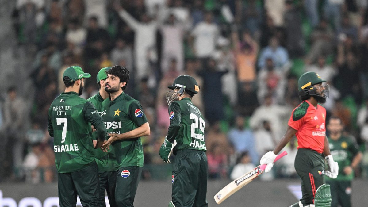 Pakistan's Abrar Ahmed (2L) celebrates with teammates after taking the wicket of Bangladesh's Jaker Ali (R) during the second Twenty20 international cricket match between Pakistan and Bangladesh at the Gaddafi Cricket Stadium in Lahore on May 30, 2025