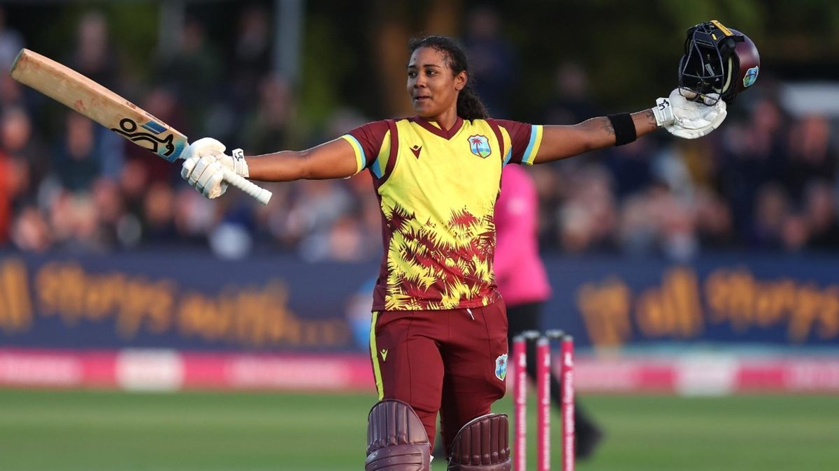 Hayley Matthews celebrates T20I hundred v England