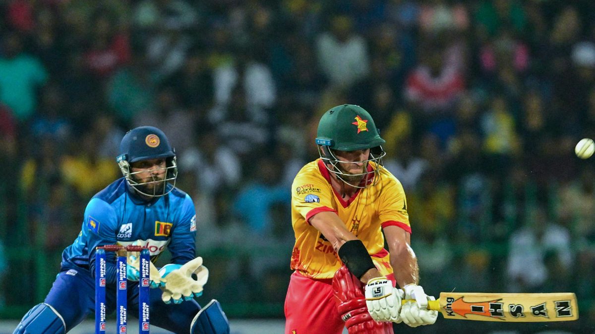 Zimbabwe's Craig Ervine (R) plays a shot during the second Twenty20 international cricket match between Zimbabwe and Sri Lanka at the R. Premadasa Stadium in Colombo on January 16, 2024