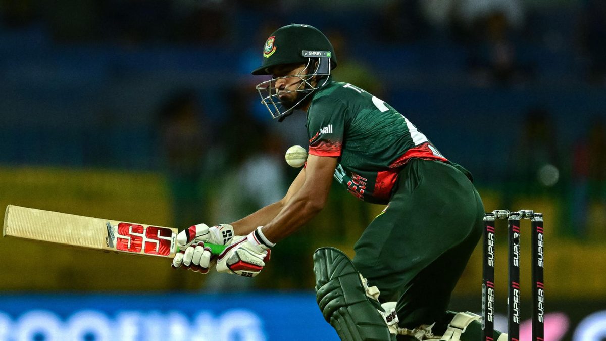 Bangladesh's Tanzim Hasan Sakib plays a shot during the Asia Cup 2023 Super Four one-day international (ODI) cricket match between India and Bangladesh at the R. Premadasa Stadium in Colombo on September 15, 2023
