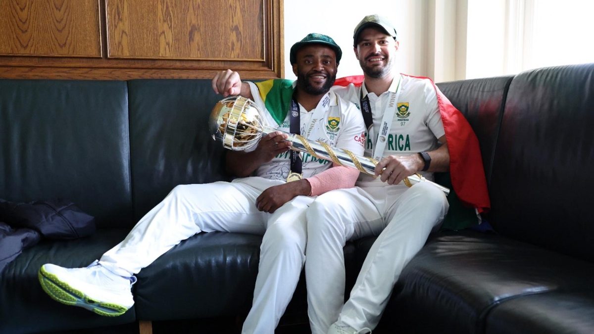 Temba Bavuma, Aiden Markram pose with the World Test Championship mace