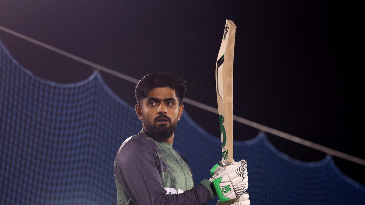 Babar Azam of Pakistan looks on during a Pakistan Nets Session at ICC Academy on February 21, 2025 in Dubai, United Arab Emirates
