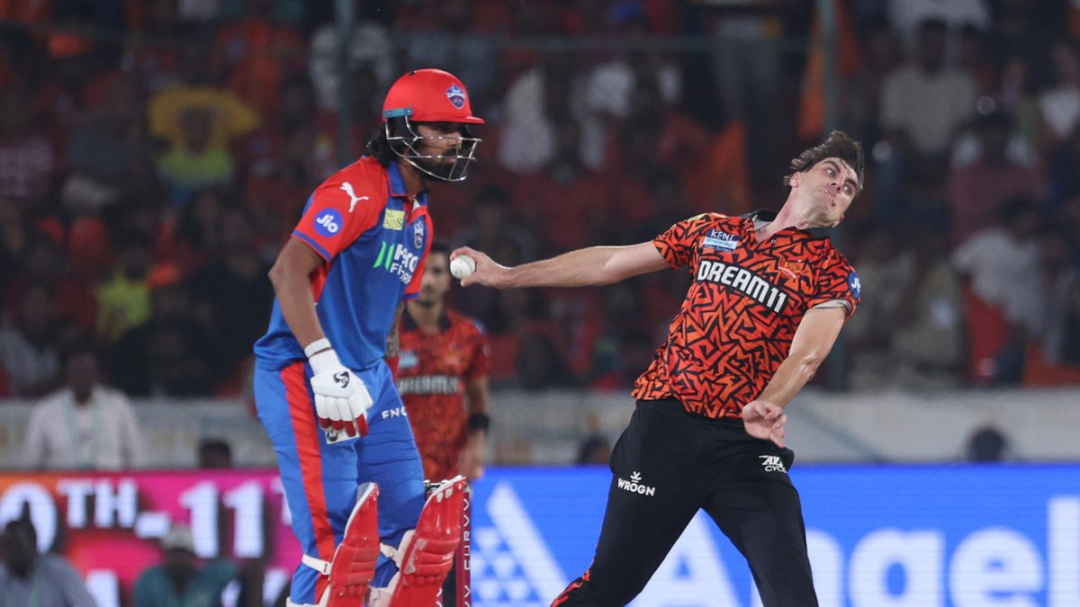 Pat Cummins of Sunrisers Hyderabad delivers a ball during the 2025 IPL match between Sunrisers Hyderabad and Delhi Capitals at Rajiv Gandhi International Stadium on May 5, 2025, in Hyderabad, India