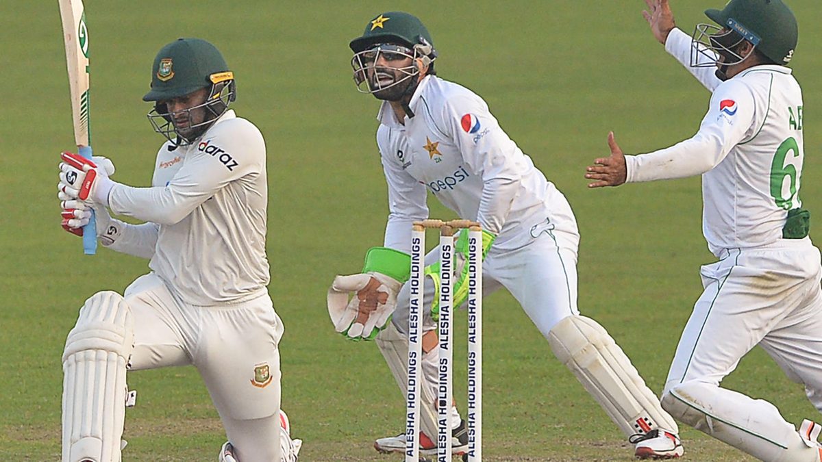 Bangladesh's Shakib Al Hasan (L) plays a shot during the final day of the second Test cricket match between Bangladesh and Pakistan at the Sher-e-Bangla National Cricket Stadium in Dhaka on December 8, 2021.