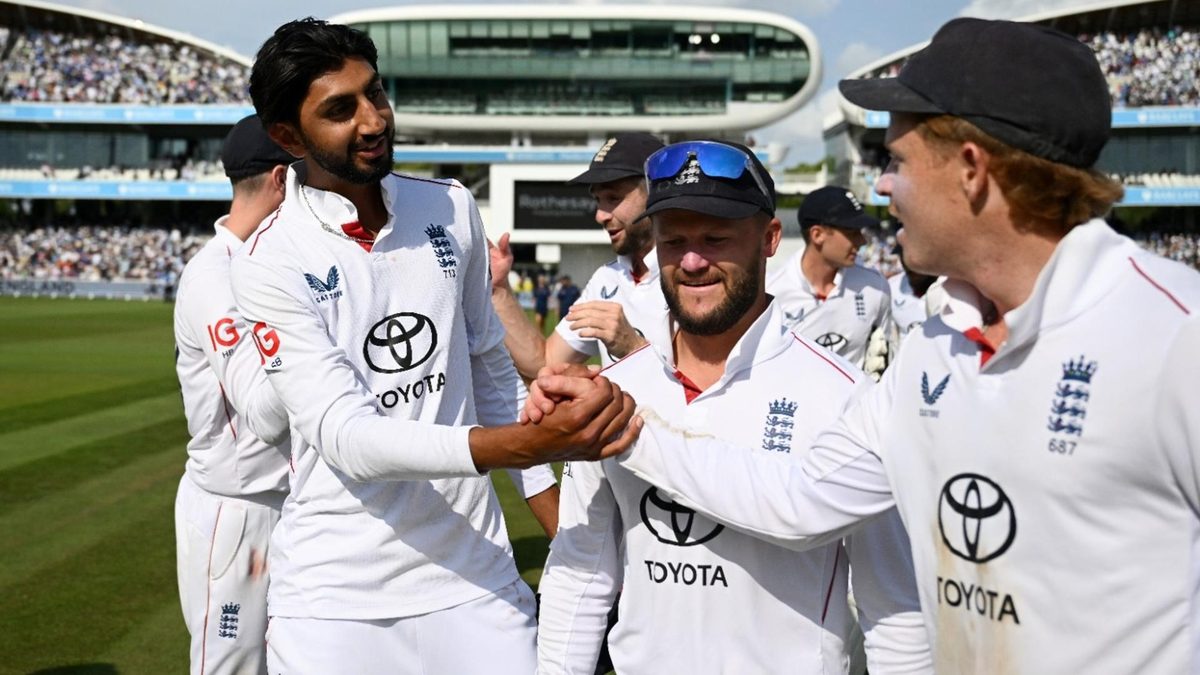 Shoaib Bashir celebrates taking the final wicket at Lord's before being ruled-out of the series with injury