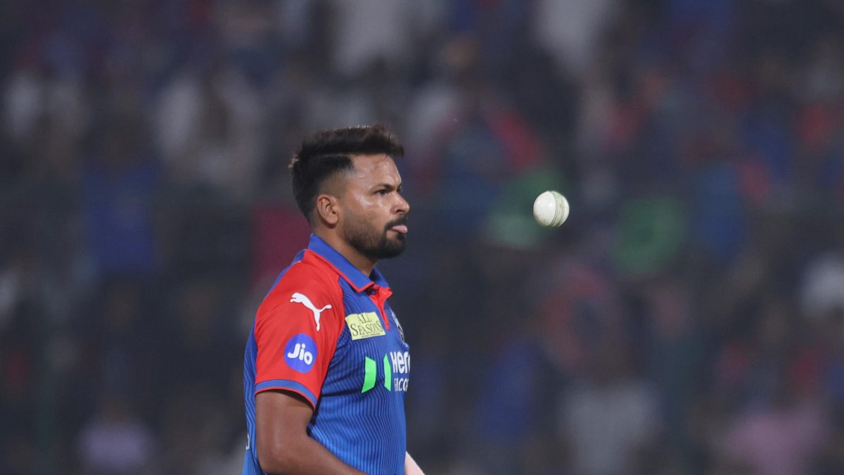 Mukesh Kumar of Delhi Capitals reacts after taking wicket of N. Tilak Varma of Mumbai Indians during the 2025 IPL match between Delhi Capitals and Mumbai Indians at Arun Jaitley Stadium on April 13, 2025, in Delhi, India