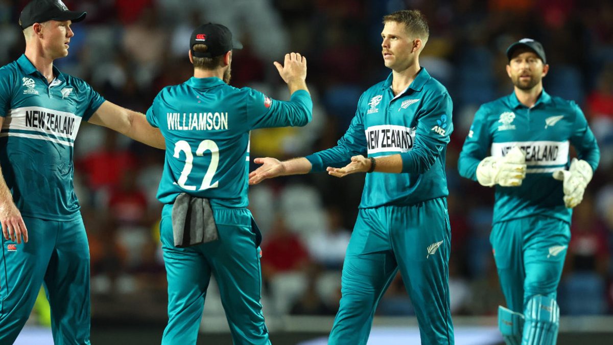 Lockie Ferguson of New Zealand celebrates with teammates after getting the wicket of Romario Shepherd of West Indies during the ICC Men's T20 Cricket World Cup West Indies & USA 2024 match between West Indies and New Zealand at Brian Lara Cricket Academy on June 12, 2024 in Tarouba, Trinidad And Tobago.