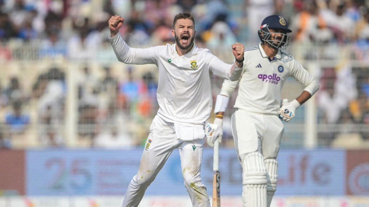 Aiden Markram celebrates taking a catch in South Africa's win over India in Guwahati