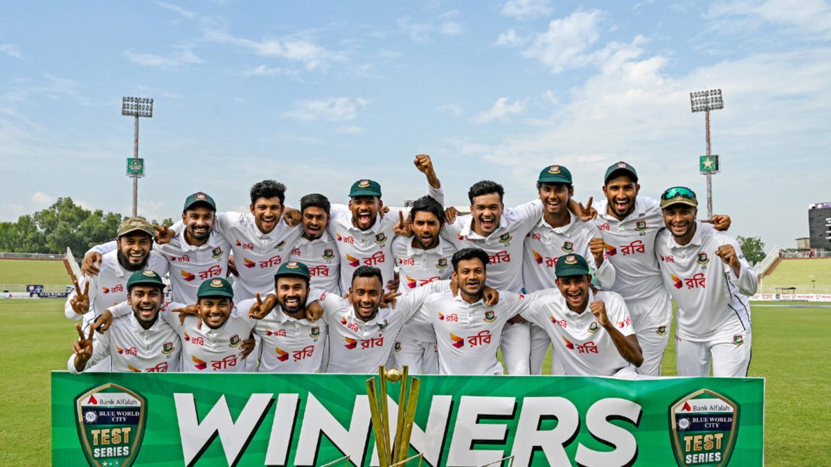 Bangladesh's players celebrate with trophy after winning the second and last Test cricket match between Pakistan and Bangladesh, at the Rawalpindi Cricket Stadium