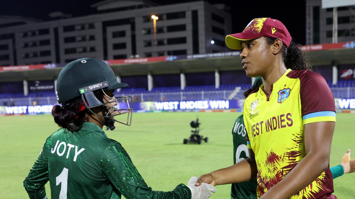 Hayley Matthews of West Indies shakes hands with Nigar Sultana of Bangladesh following the ICC Women's T20 World Cup 2024 match between Bangladesh and West Indies at Sharjah Cricket Stadium on October 10, 2024 in Sharjah, United Arab Emirates