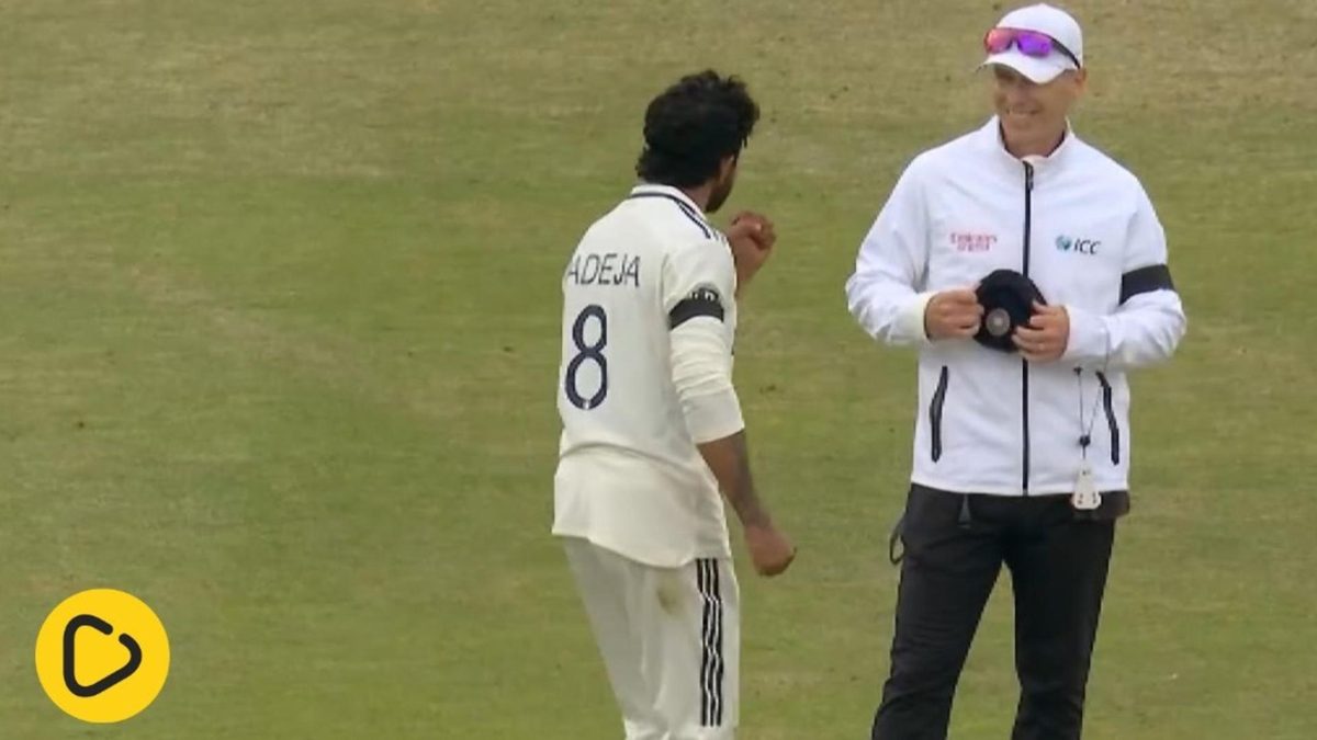 Ravindra Jadeja was seen celebrating animatedly in front of umpire Chris Gaffaney after a ball change for India was finally approved on day five of the first Test between India and England at Leeds.