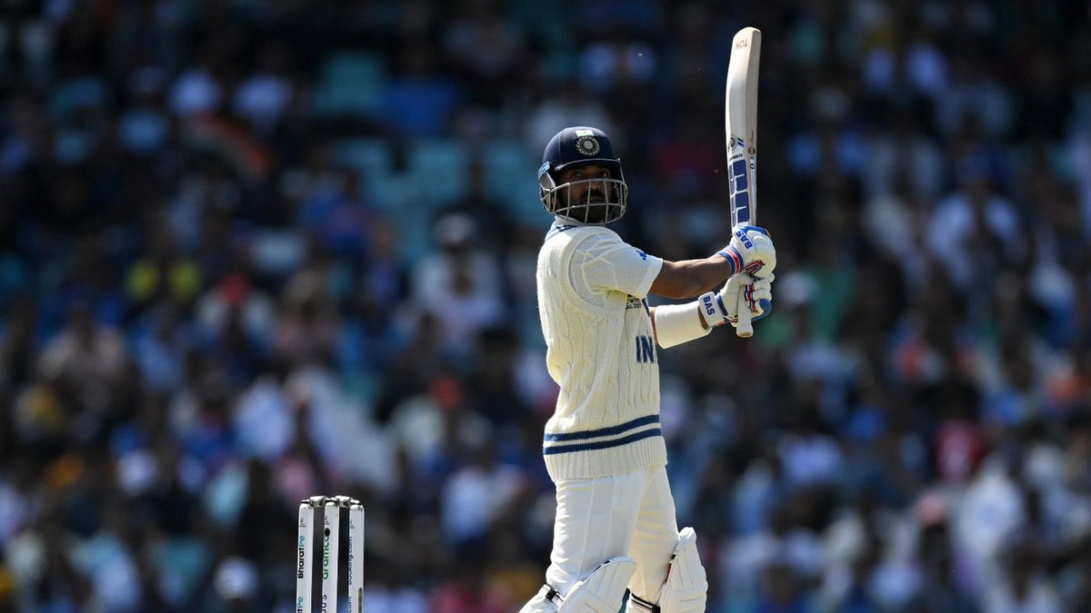 Ajinkya Rahane of India plays a shot during day two of the ICC World Test Championship Final between Australia and India at The Oval on June 08, 2023 in London, England
